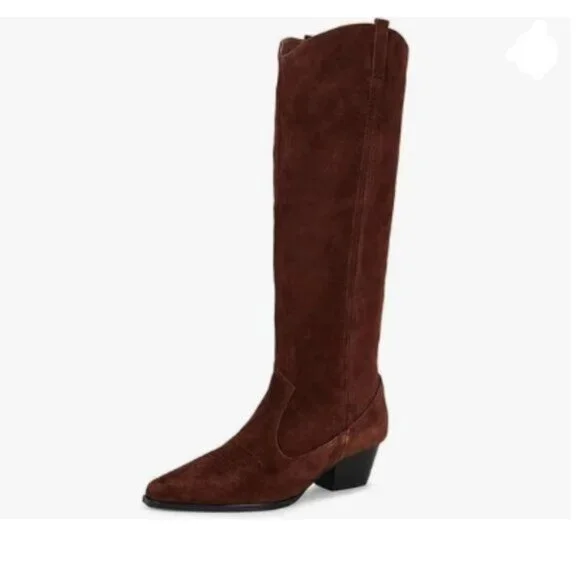 FSJ Brown Knee High Boots Stacked Chunky Heel Closed Toe Suede Wide Calf Shoes