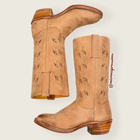 VINTAGE 1980 Frye Austin Tan Brown PullOn Leather Floral Embroidered Cowboy Boot