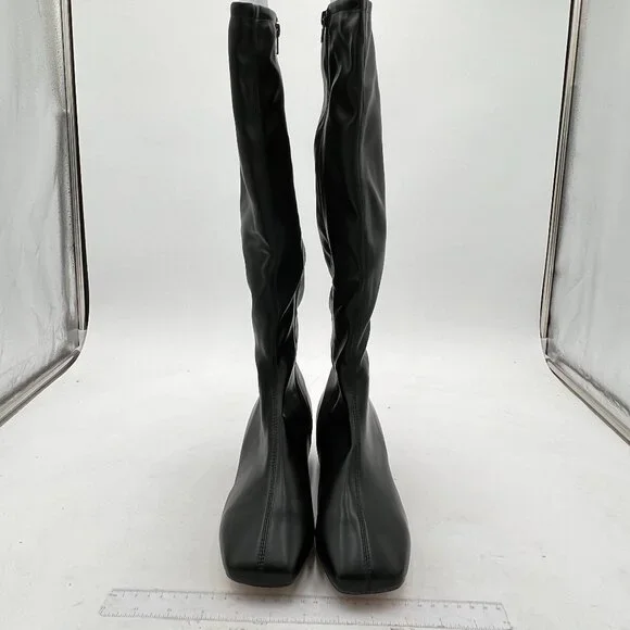 Black Women Stylish Square Toe Block Low Heel Side Zipper Knee High Riding Boots