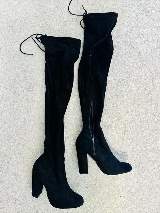 Women's Over-the-Knee Black Suede Block Heel Zip Boots
