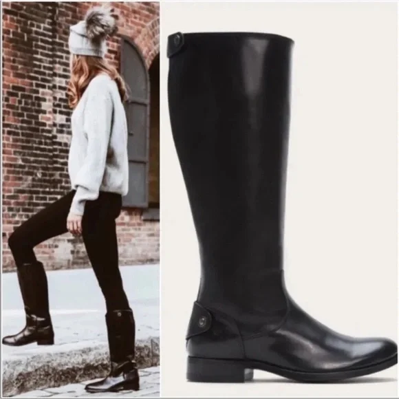 Frye MELISSA BUTTON BACK ZIP BOOT 3470835 Black Tall Leather Size 6.5