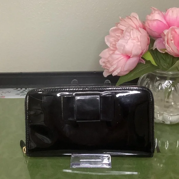 Miu Miu Patent Black Leather Wallet with Gold Zipper