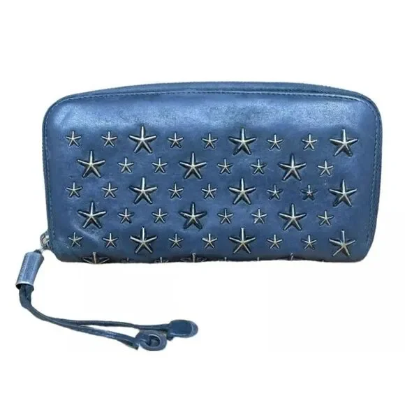 JIMMY CHOO FILLIPA START STUDDED LEATHER ZIP AROUND LARGE WALLET
