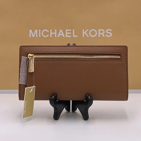 Michael Kors Reed Large Bifold Pebbled Leather Snap Wallet Card Case Luggage