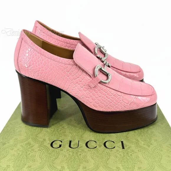 NEW GUCCI Horsebit Pink Croc Embossed Leather Platform Loafers EU 39.5 US 9.5