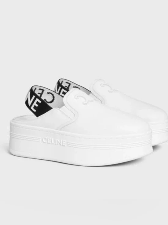 Celine White Leather Platform Slip-On with Black Logo Heel Strap