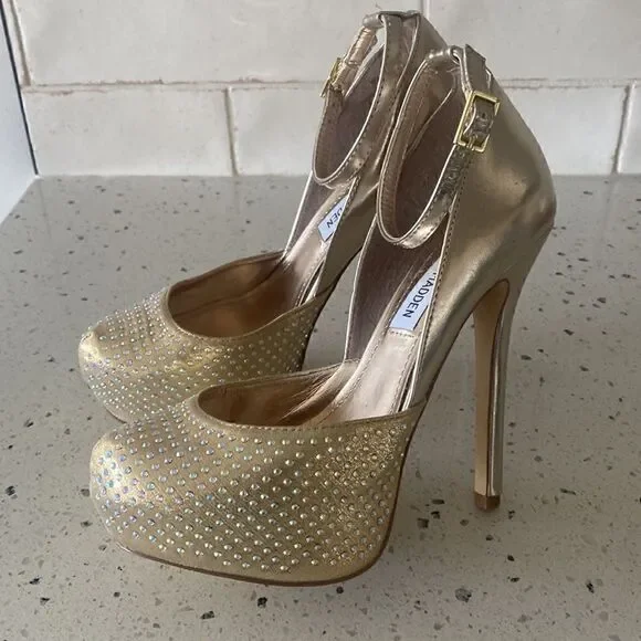 Steve Madden MEA Gold Bling Platform Stiletto Heels Ankle Strap Size Size 6