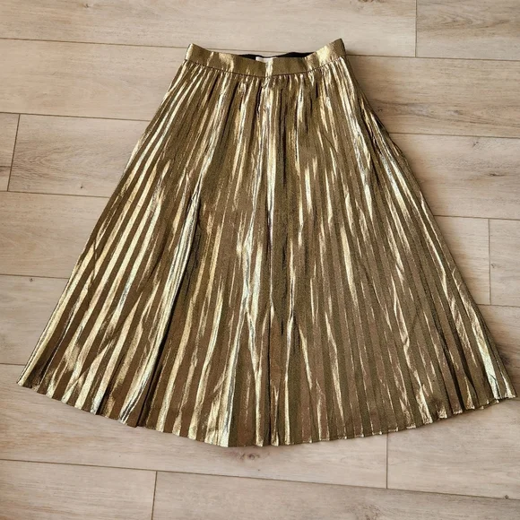J Crew Collection Metallic Pleated Midi Skirt Womens Size 8 A-line Gold Black