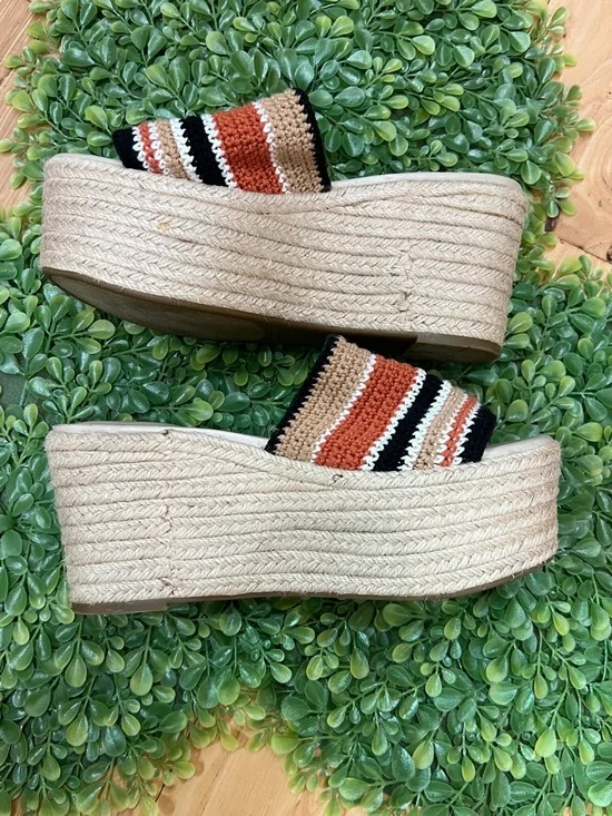 Marc Fisher Striped Woven Platform Slide Sandals - Tan/Black/White/Rust