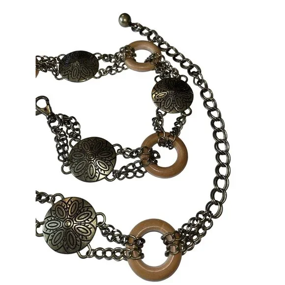 Engraved Gold Antique Brass Disc Wood Ring BOHO Hippie Festival Chain Belt 35