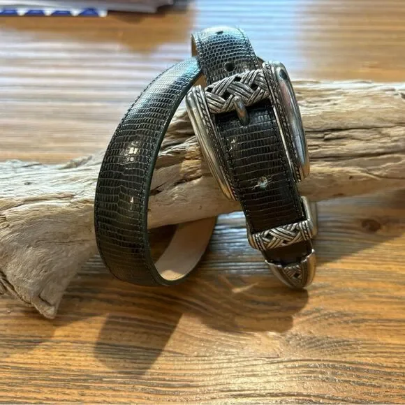 Brighton Black Lizard-Embossed Belt with Silver Accents