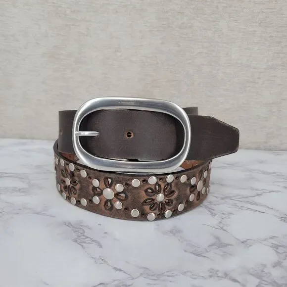 Brown Leather Studded Belt Floral Cutouts Oversized Silver Toned Oval Buckle