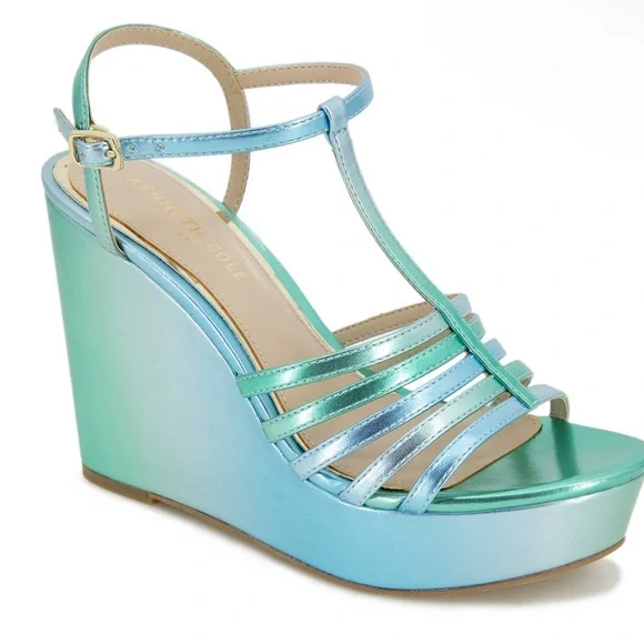 NWOT - Kenneth Cole New York, Celia Platform Wedges, Ocean Blue/Green, 6.5