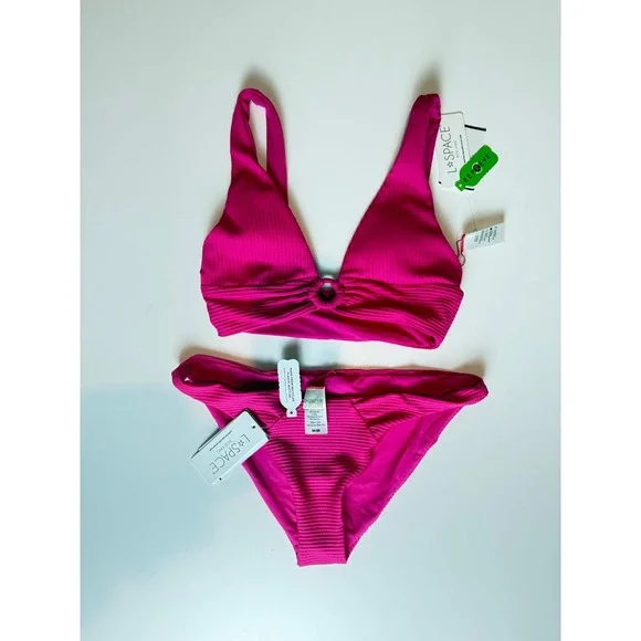 L*Space Eco Chic Fisher Top Sol Bottom‎ Ribbed Bikini Set Pink XS/M OQFIT21 Bou
