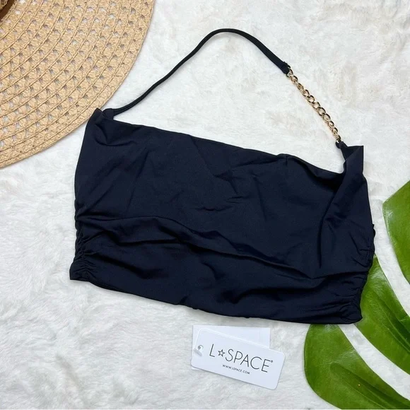 L*Space Black Bikini Top Gold Chain Detail NWT Size Small Swimwear