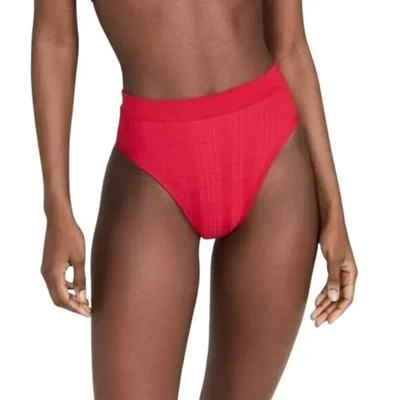 NEW l*space Frenchi Ribbed High Waisted Bikini Bottom in Lipstick Red Sz. S