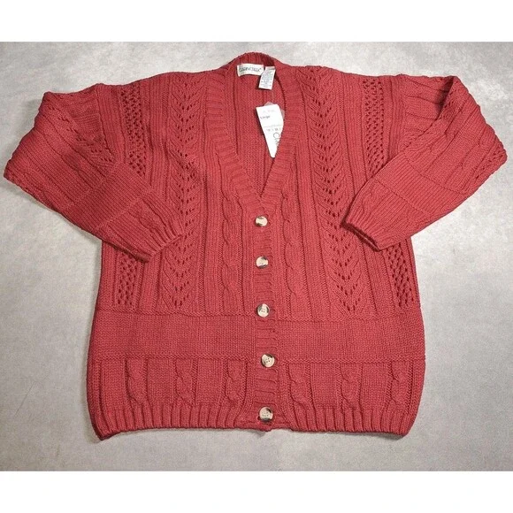 Vintage Cabin Creek Red Size Large Knit Cardigan 90s Cabincore Shoulder Pads