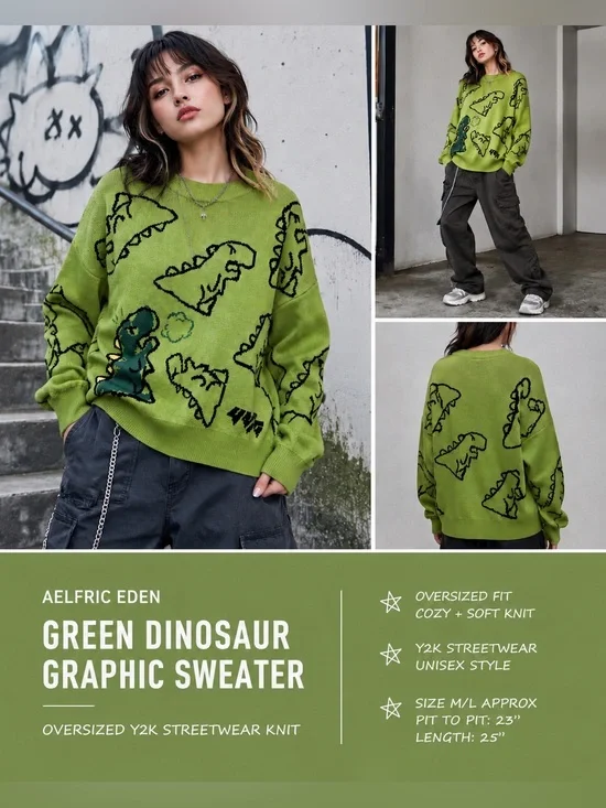 Aelfric Eden Dinosaur Sweater Green Oversized Graphic Knit Y2K Streetwear Sz M/L