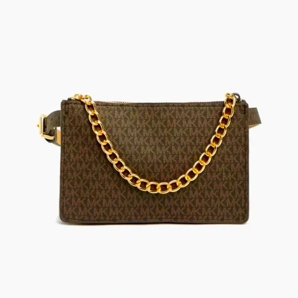 Michael Kors Brown Logo Belt Waist Bag With Gold Chain NWT