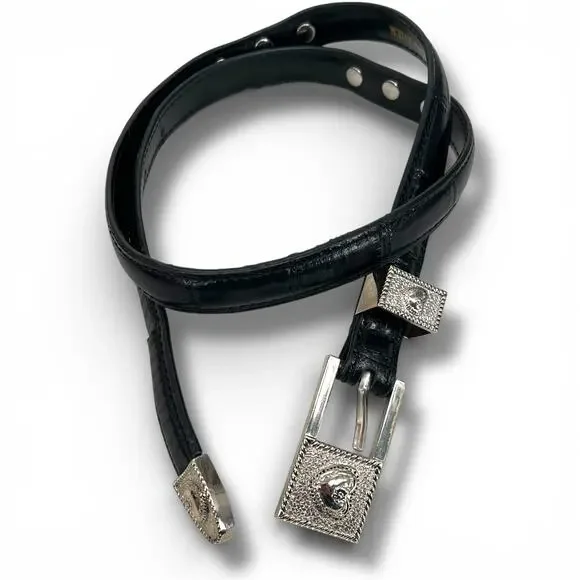 Black Leather Belt With Silver Floral Hearts Motif Buckle Western Goth Preppy