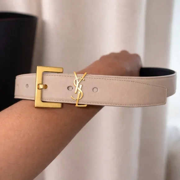 Saint Laurent YSL Cassandre Square Buckle Belt Beige Calfskin Italy — AUTHENTIC