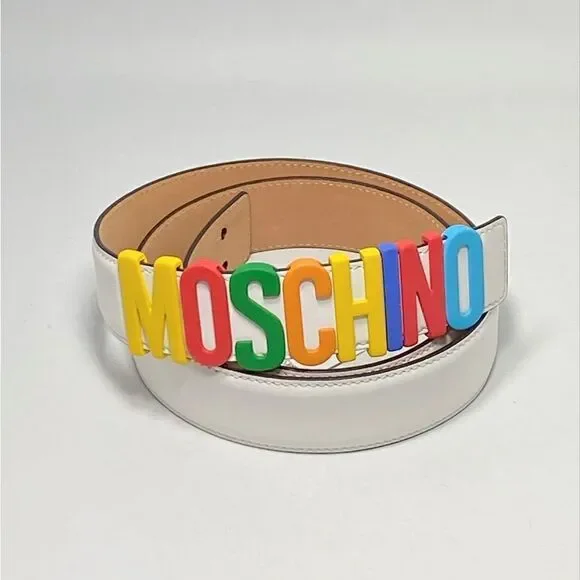 Moschino Multicolor Logo Buckle Leather Belt size 50/34”