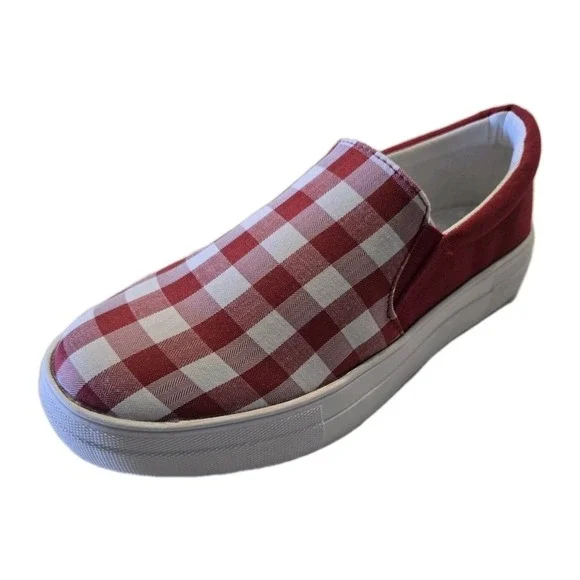 Women's Slip on Platform Sneakers Red White Plaid Memory Foam Soda Hike G Size 8