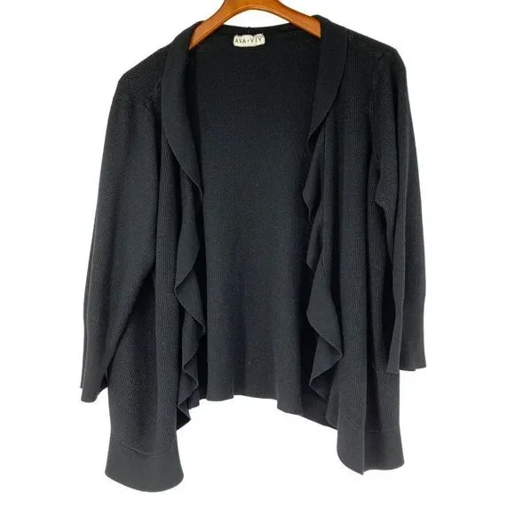 Ava & Viv Cardigan Ruffle Black 3X Women Sweater Open 3002 Viscose Knit 3/4 Sl