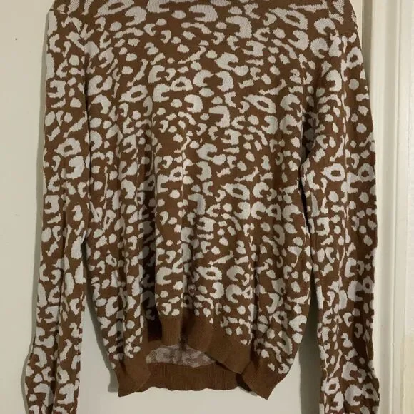 Brown and White Leopard Print Women's Sweater