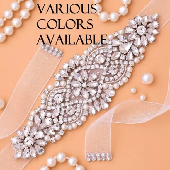 Wedding dress sash satin bow crystals sparkly elegant brand new great condition