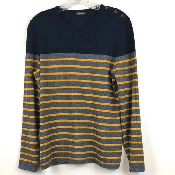 J.McLaughlin Navy Crew Neck Striped Sweater Shoulder Button Detail Size L