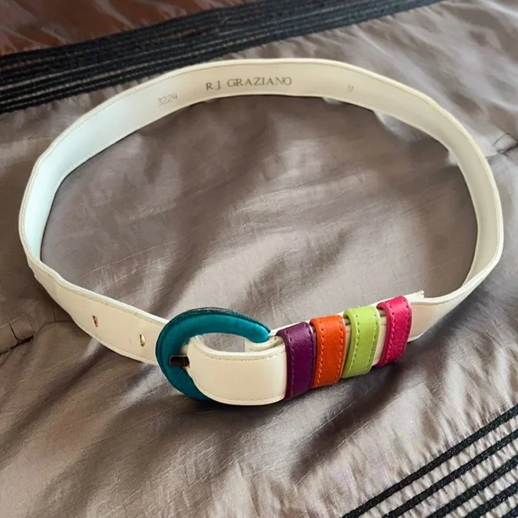 R J Graziano Vintage Belt, White with multiple colors, Vintage Condition