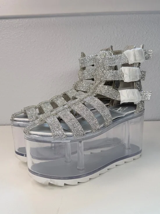 Rhinestone Sparkle Platform Sandals Clear Fillable bottom Shoes Size 9 Fun