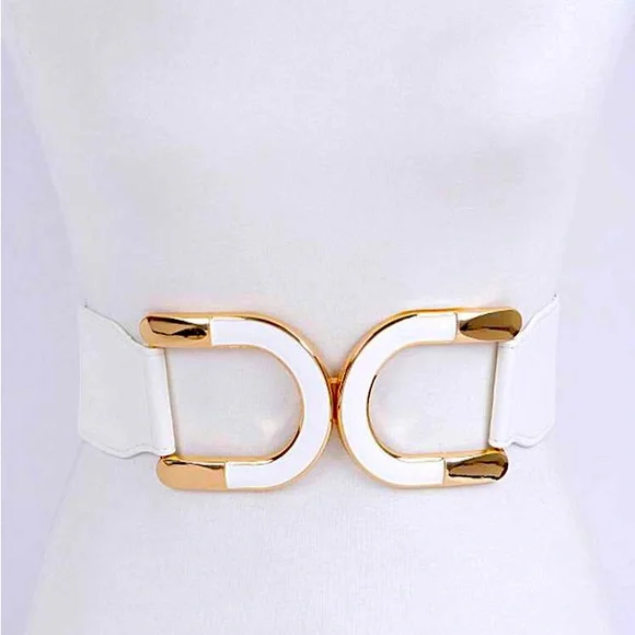 White & Gold Enamel Buckle Waist Statement Belt