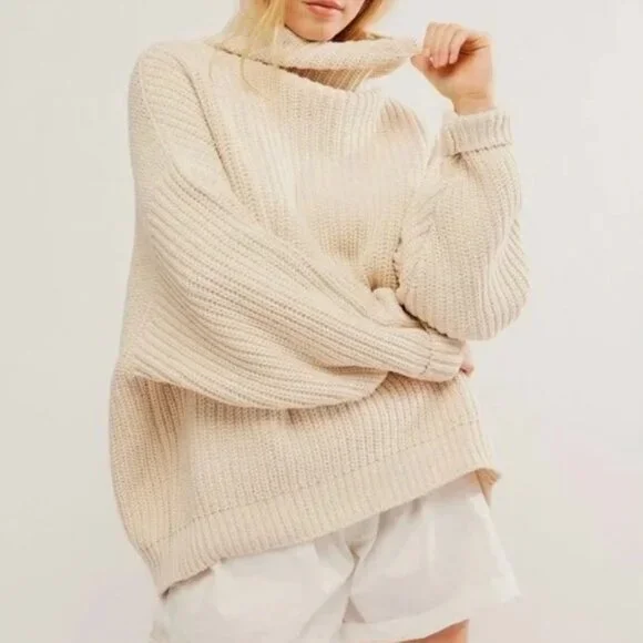 FREE PEOPLE OVERSIZED CHUNKY TURTLENECK COWL NECK SWEATER EXPOSED SEAMS XS