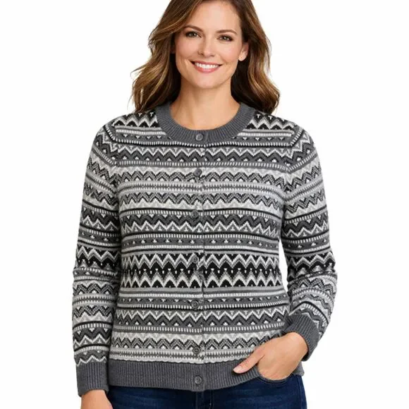 Talbots Lambswool Nordic Cardigan Womens Size M Elegant Beaded Artsy Sweater