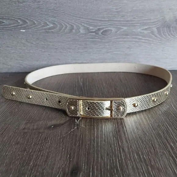 VINTAGE 90s NINE WEST METALLIC GOLD FAUX SNAKESKIN STUDDED LEATHER BELT MEDIUM