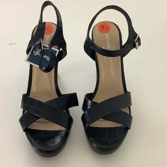 Chinese Laundry Black Platform Ankle Strap Sandals 4” Heel Patchwork Design. New