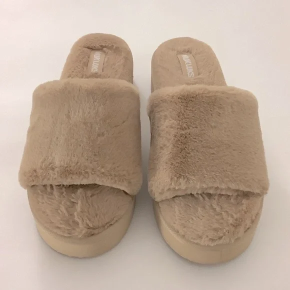 Muk LUKS Kirsten Platform Slide Slippers Faux Fur Boho Casual Indoor/Outdoor Y2K
