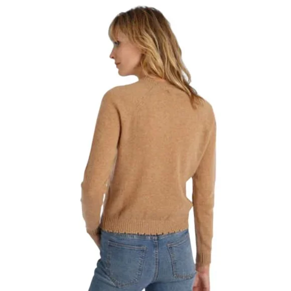Minnie Rose Cashmere Frayed Edge V-Neck Sweater, Camel S