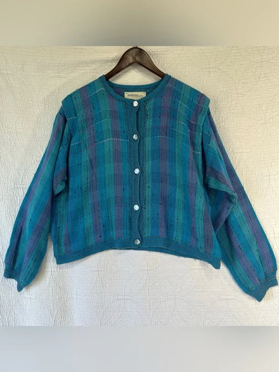 Vintage Handwoven Cardigan Sweater by M Lynette Holmes Handmade Cotton Tweed L