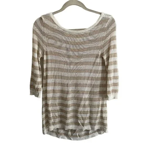 White House Black Market Women XXS Tan/White/Gold Metallic Striped Light Sweater