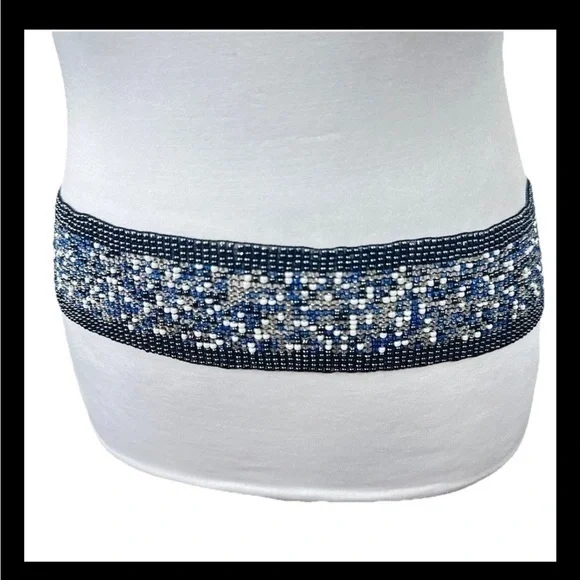Chico's Blue & White Beaded Stretchy Belt - Large Festival Boho