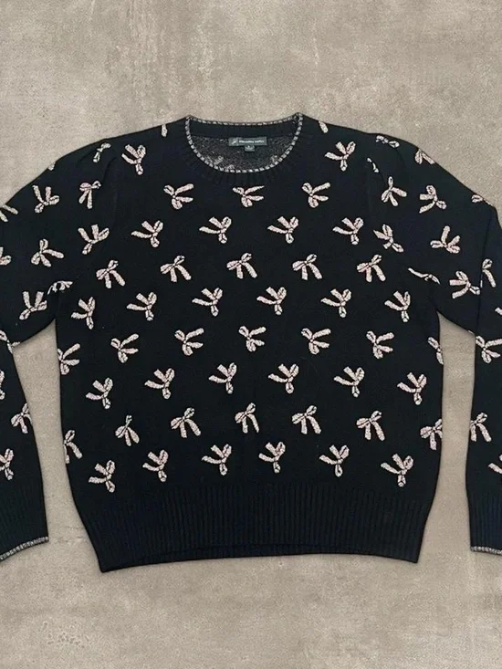 Adrianna Papell Sweater Womens S Black Bow Print Knit Crewneck Long Sleeve