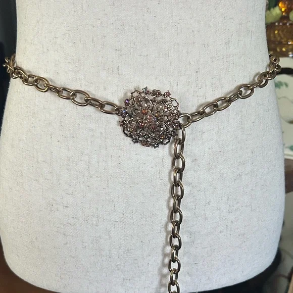 Vintage Gold Chain Belt with Jeweled Medallion Clasp