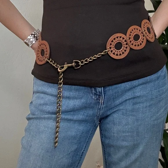 Boho Western Wide Hip Belt Faux Leather Cutout Studded Belt Cognac Cowgirl