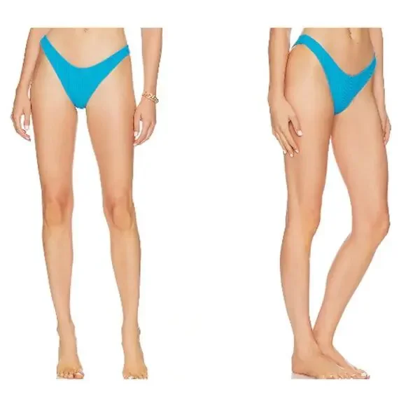 L*Space Cabana Bitsy Bikini Bottom Bright Blue Ribbed High Cut Cheeky NEW XS