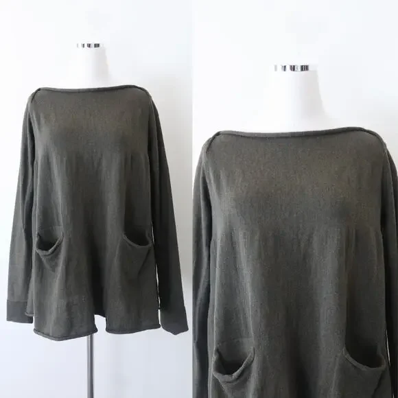 Hannes Roether Size M Merino Wool A-Line Sweater Tunic Pockets Green