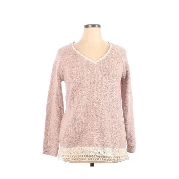 SANCTUARY Pink Knit Crochet V-Neck Soft Sweater Womens Size L Cottage Coquette
