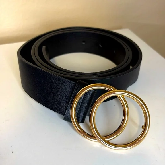 Women's Leather Black Belt Fashion Faux Leather Gold Circle Waist Belts 38-44”